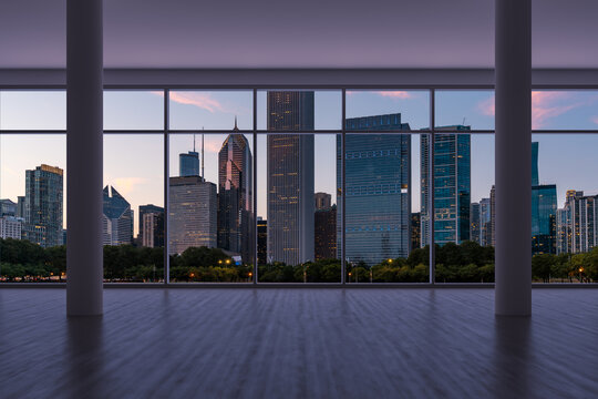 Downtown Chicago City Skyline Buildings from High Rise Window. Beautiful Expensive Real Estate overlooking. Epmty room Interior Skyscrapers View in Penthouse Cityscape. Sunset. 3d rendering.