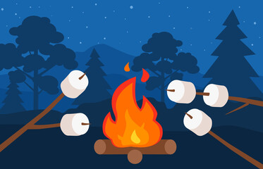 roasting marshmallow on sticks over the campfire night forest camping vector illustration  - 499932667