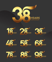 Set of Anniversary logotype golden color with red background for celebration