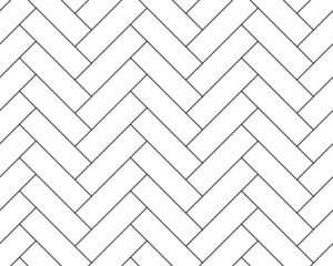 Herringbone parquet tile, vector seamless pattern of floor white background. Black line herringbone parquet tile of geometric diagonal bricks in zigzag, floor or wall interior pattern background