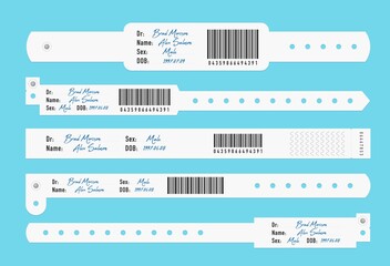 Medical hospital wristband or bracelet mockup, patient identification id. Vector plastic or paper band templates. White bangles with barcode for health institution, doctor name and sex, wristlets set - obrazy, fototapety, plakaty