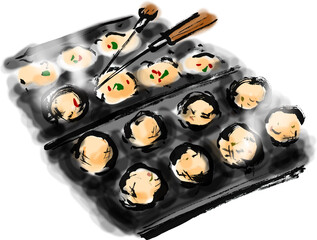 たこ焼きを焼いているシーンの手描き和風イラスト　湯気あり