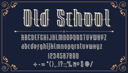Western retro font. Wild West vintage type, english ABC typography with letters, digits and punctuation symbols. American vintage typeset, alphabet with copper texture, antique letters