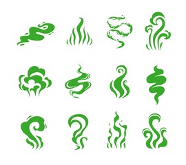 Green bad smell, cartoon smoke effects. Vector clouds of stink odor, breath and fart stench, toxic gas steam, odour, mist or fog, scent of rotten food, dirty body or sweat, isolated bad smell swirls