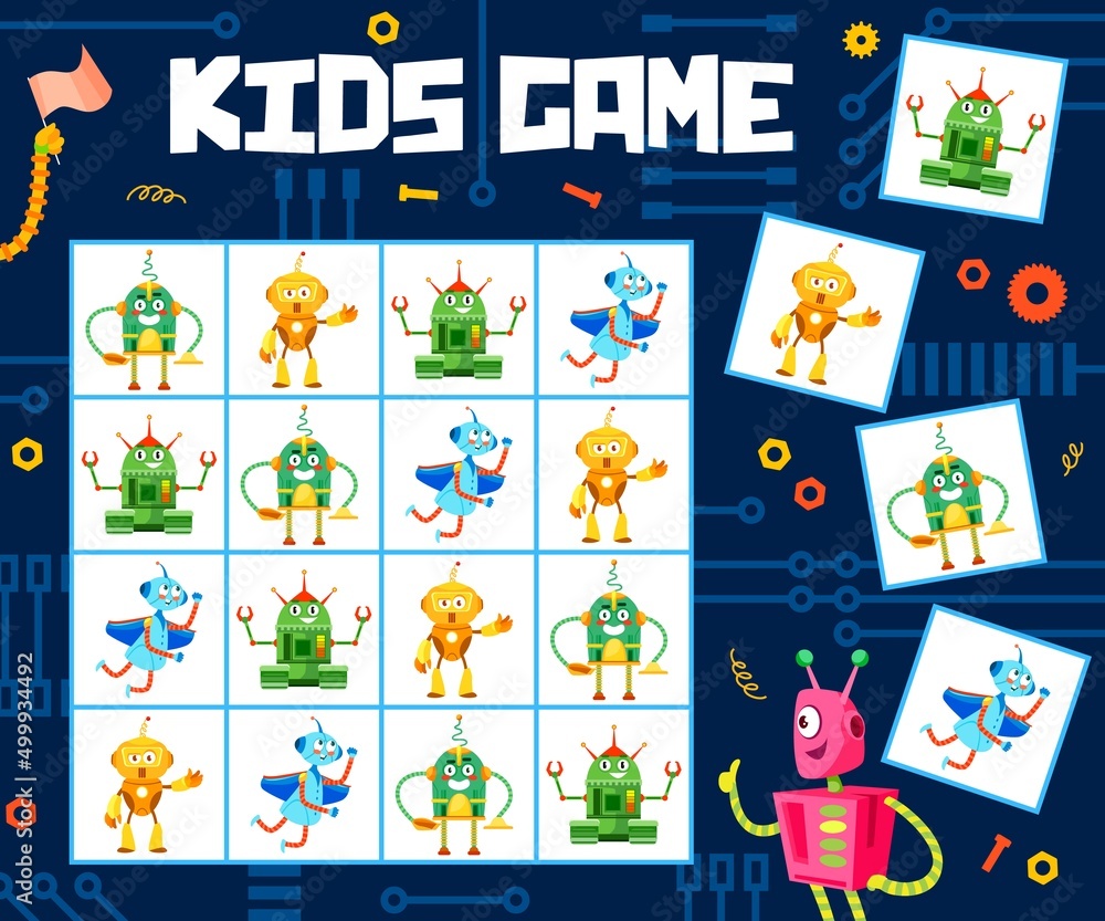 Poster sudoku game worksheet. cartoon funny robots on kids puzzle game, kindergarten children rebus book ve
