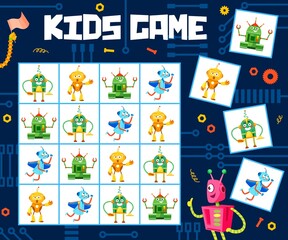 Fototapeta premium Sudoku game worksheet. Cartoon funny robots on kids puzzle game, kindergarten children rebus book vector page template. Child sudoku riddle with cute androids, alien robots or droids personages