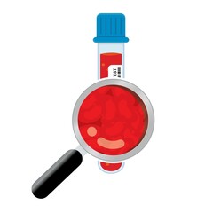 Test tube with blood and magnifying glass.