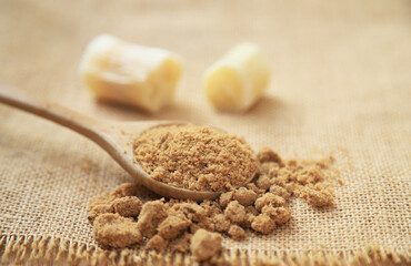 brown sugar powder from fresh organic sugar cane for being cooking ingredients for healthy eating. selective focus.