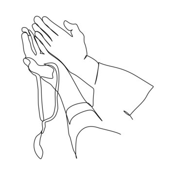 Praying Hands Line Continuous line drawing. Open palms together simple line draw vector illustration. Hand drawn style design for religious theme.