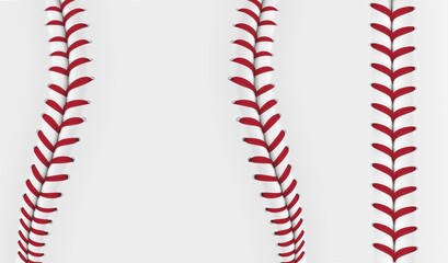 Baseball lace pattern, baseball ball stitch pattern. Vector 3d red wavy and straight laces or thread on white leather background. Realistic softball texture, professional sports background - obrazy, fototapety, plakaty