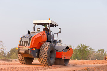 Compactors at road construction site, Vibratory Road roller and asphalt paver, Heavy equipment for road construction