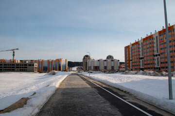 Fototapeta na wymiar a new beautiful residential building. the facade of a new residential building in Khanty-Mansiysk