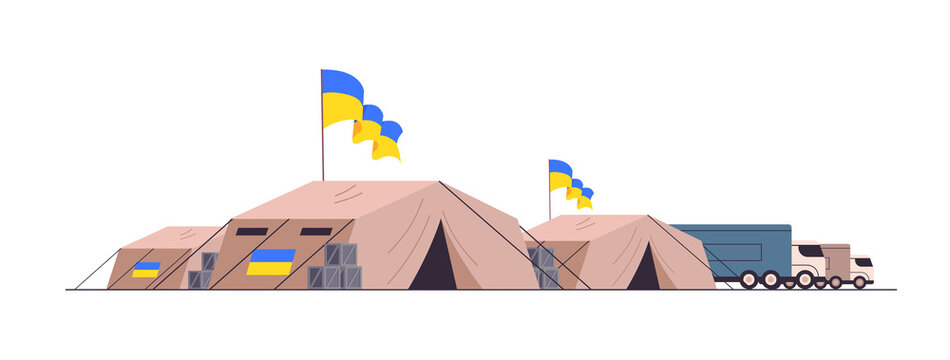 Humanitarian aid to refugees charity donation trucks and camp tents with Ukrainian flags save Ukraine from russia stop war