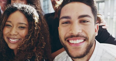 We smile because we've made it. A group of happy businesspeople standing in their workplace lobby. Diverse business friends having fun at work 