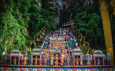 New look with colorful stair at Murugan Temple Batu Caves become a new attraction for tourism in Malaysia. The Famous and Iconic limestone Batu Caves in Selangor.