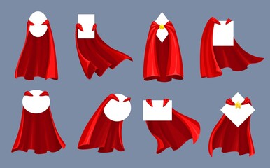 Hero and super hero red capes and cloaks with collar. Cartoon vector textile clothes with empty banners of round, oval, rectangle and square shape. Superhero costume with golden star clasp and placard - obrazy, fototapety, plakaty