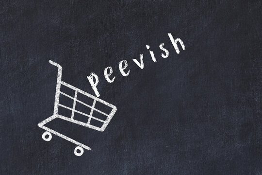 Chalk drawing of shopping cart and word peevish on black chalboard. Concept of globalization and mass consuming