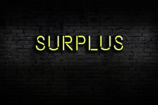 Night view of neon sign on brick wall with inscription surplus