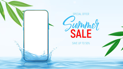 Summer sale ad banner template. Vector illustration with smartphone on water surface with splash. Vector 3d ad illustration for promotion of summer goods with tropical leaves on background. - obrazy, fototapety, plakaty