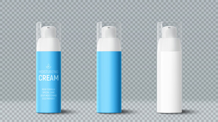 3d templates of cosmetic bottles. 3d bottles of moisturizing cream isolated on checkered background. Vector 3d packages for promotion of cosmetic goods. Realistic vector mock up of skincare goods.