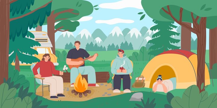 Camping people landscape. Tourist persons sitting around bonfire on nature, active vacation scene. Vector illustration