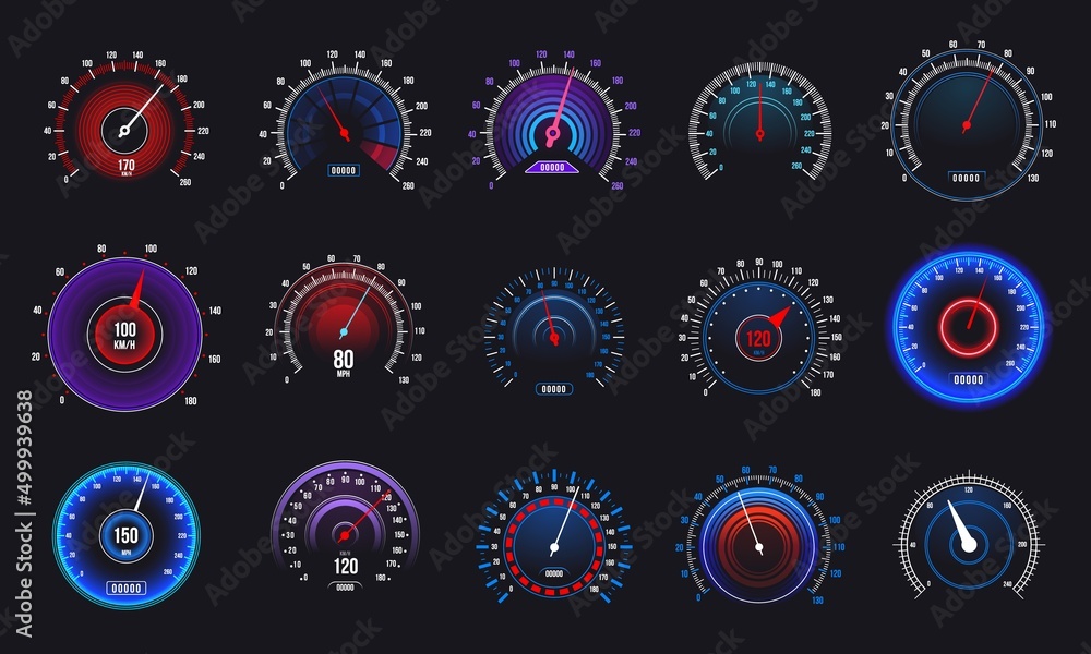 Poster car speedometer. odometer and rpm motorbike gauge, automobile speed counter and tachometer. vector a