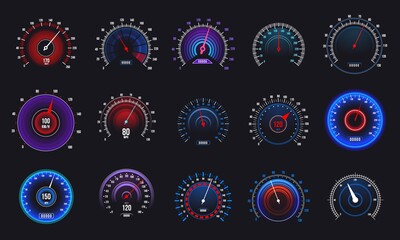 Car speedometer. Odometer and RPM motorbike gauge, automobile speed counter and tachometer. Vector auto display set