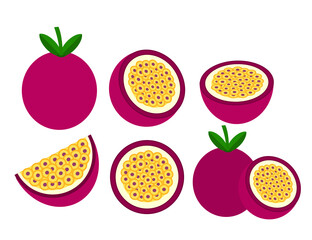 Set of slice, half and whole of passion fruit.Fresh exotic or tropical fruit.Top, front and side view.Flat design.Cartoon vector illustration.Clip art.Sign, symbol, icon or logo isolated.