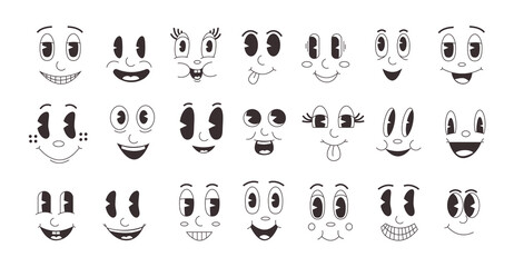 Fototapeta Cartoon emotions. Retro comic faces collection with smile emotion, vintage face of mascot character. Vector clip art collection obraz