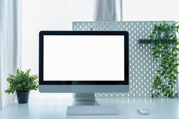 shopping, meeting, information searching, white screen laptop mockup can insert text, characters or...