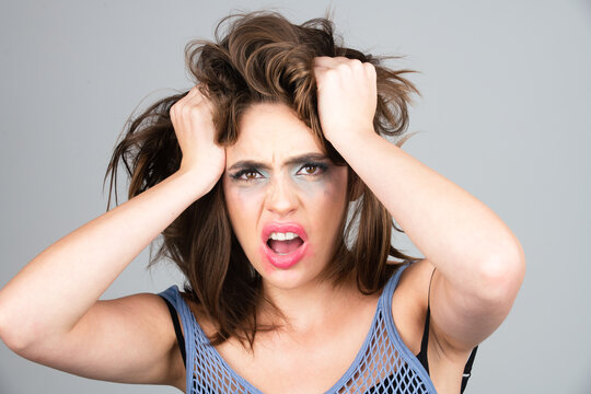 Angry woman. Shouting mouth, screaming face. Pensive woman feeling furious mad and crazy stress.