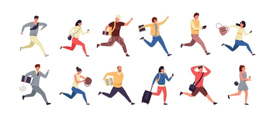 Fototapeta na wymiar Hurrying people. Cartoon people late for work, men and women characters in casual clothes running and jogging. Vector set