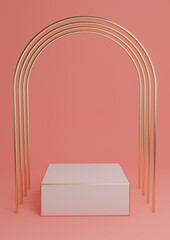 Bright, neon, salmon pink 3D rendering minimal product display cube podium or stand with luxury gold arches and golden lines. Simple background abstract composition.