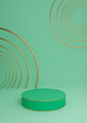 Bright turquoise green 3D rendering minimal product display luxury cylinder podium or product background abstract composition with golden lines and circles