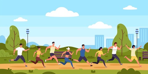 Marathon runners. Cartoon people running race in park, persons on sport exercises. Vector active competition illustration - obrazy, fototapety, plakaty