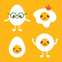 Set, collection of cute and smiling cartoon style boiled egg and fried egg characters for breakfast food design.
