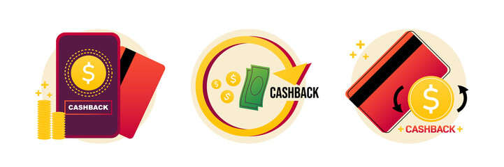 Set, collection of vector conceptual illustrations, icons for cashback services with mobile phone, credit cards, cash and golden coins.