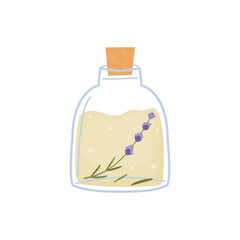 lavender essential oil. glass bottle with wooden stopper,  branch of plant the bottom. Isolated on white background clip-art. Vector illustration, hand drawn