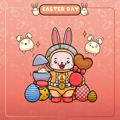 Celebrating Easter, doddle bunny mascot with an outline, in a kawaii style. easter bunny cartoon illustration in astronaut suit holding a cute little bunny in egg shell and chocolate stick candy