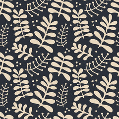Elegant vector seamless pattern with leaves and branches. Modern abstract background in scandinavian style. Trendy print for textile, fabric, home decor, wallpaper.