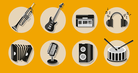 World Music Day with illustration of musical instruments. guitar, piano, speaker, drum, microphone, accordion, Different musical instrument Icons. Music Day poster, June 21. Important day.
