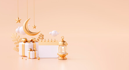 Ramadan Kareem greeting Islamic  with moon lantern gift box and calendar copy space background 3D illustration