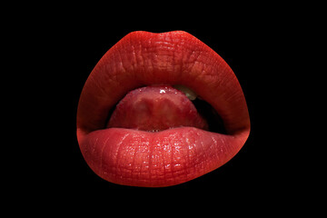 Isolated woman mouth with tongue licking lips with red lipstick.
