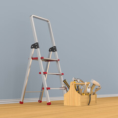 ladder and toolbox with tools in room. 3D illustration © Sergey Ilin
