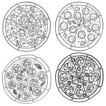 Set of different pizza slices hand drawn simple Doodle style Vector illustration