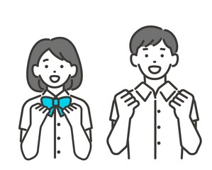 ガッツポーズをとる夏服の男女の学生のベクターイラスト素材／制服／高校生／中学生