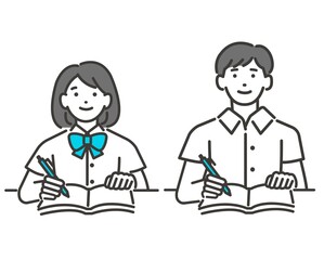 勉強をする夏服の男女の学生のベクターイラスト素材／制服／高校生／中学生