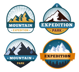 Mountain labels collection, expedition park and exploration