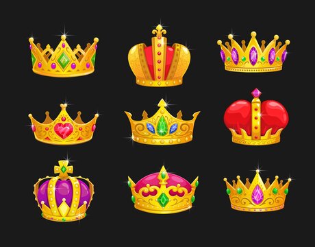 Cartoon royal king golden crowns, game asset. Vector Monarch crowning headdress with gemstones for queen or tzar. Isolated gold monarchy symbol, medieval emperor items, imperial coronation heraldry