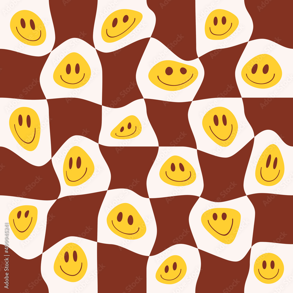 Aufkleber Retro seamless pattern with distorted checkered and smiling faces in style 70s, 80s.  Trendy vector print for wrapping paper, textile, wallpaper 